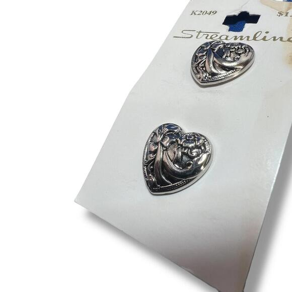 Vintage Streamline Silver Heart Buttons – Lot of 4 – Ornate Metal – 1” – NOS - Picture 5 of 8